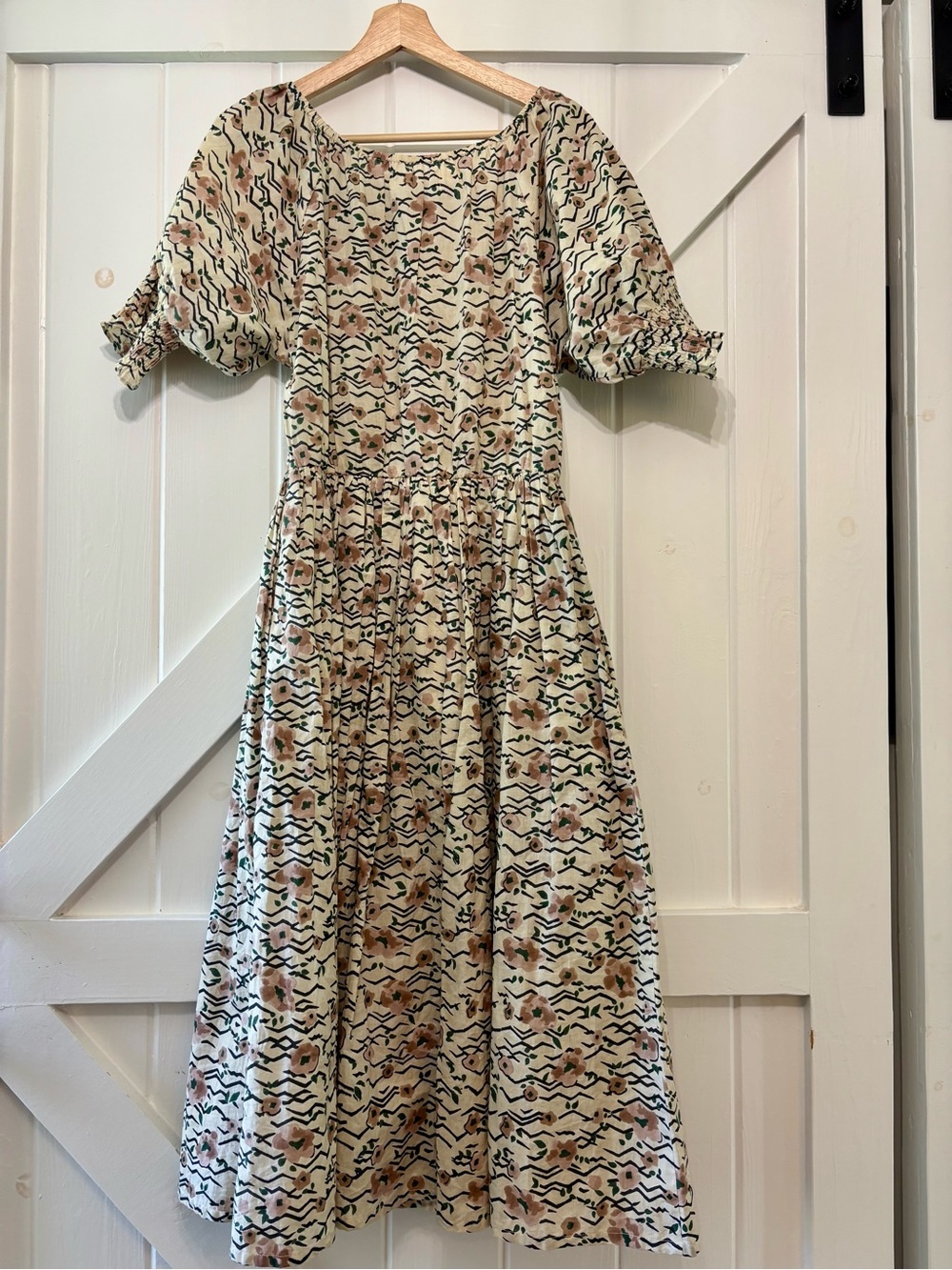WVN Organic Cotton Floral Puff Sleeve Midi Dress Cream Pocket Cottage-core S - Picture 3 of 12